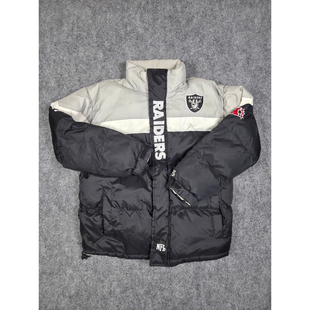 Vintage Raiders Reversible Puffer Jacket Youth 10 NFL Down Fleece Black Gray